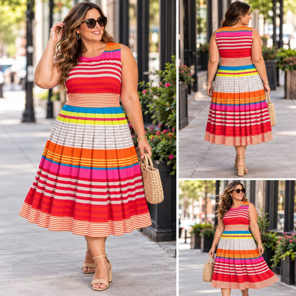 Calvin Klein Fit & Flare Pleated Midi Dress Women's Plus 16W Bright Striped